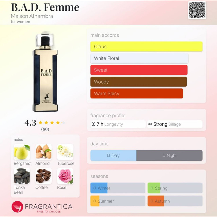 عطر ادکلن بد فیم B.A.D Femme مشابه ادکلن گودگرل از شرکت الحمبرا Maison Alhambra